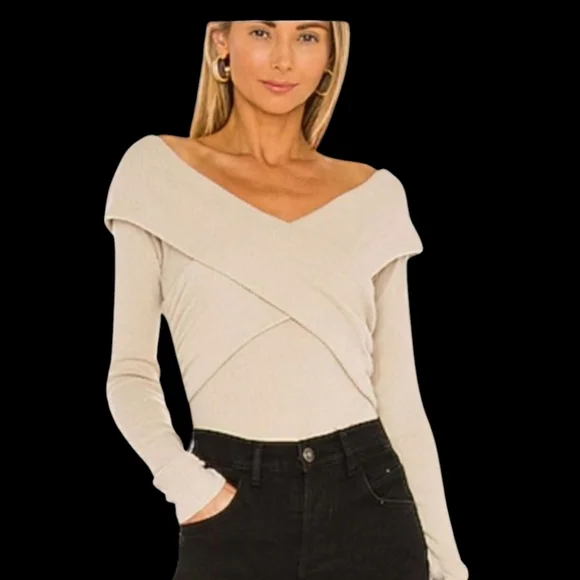 Free People Marley Off-Shoulder Neutral Oatmeal soft ribbed Wrapped Sweater sz S - Picture 1 of 11